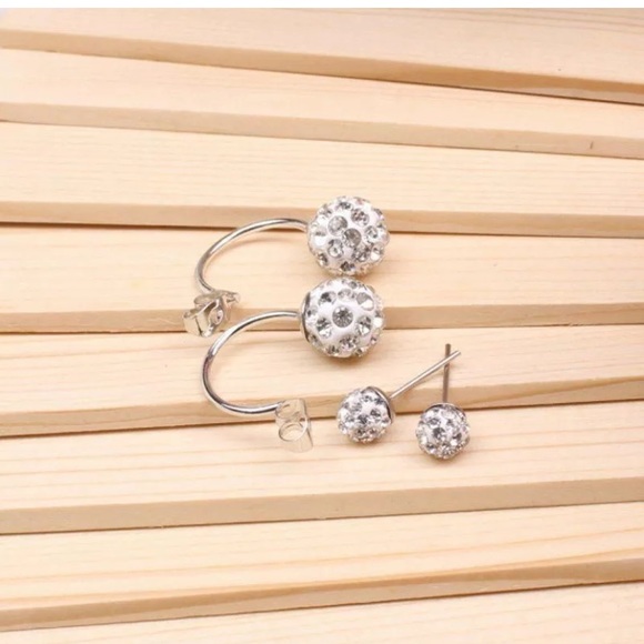 Silver Double Beaded Rhinestone Crystal Earrings - Picture 4 of 4